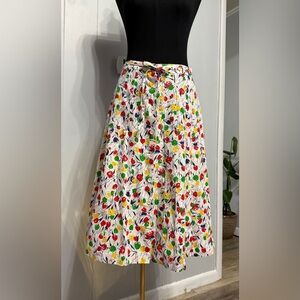 Colorful Floral A-Line Skirt with buttons front.